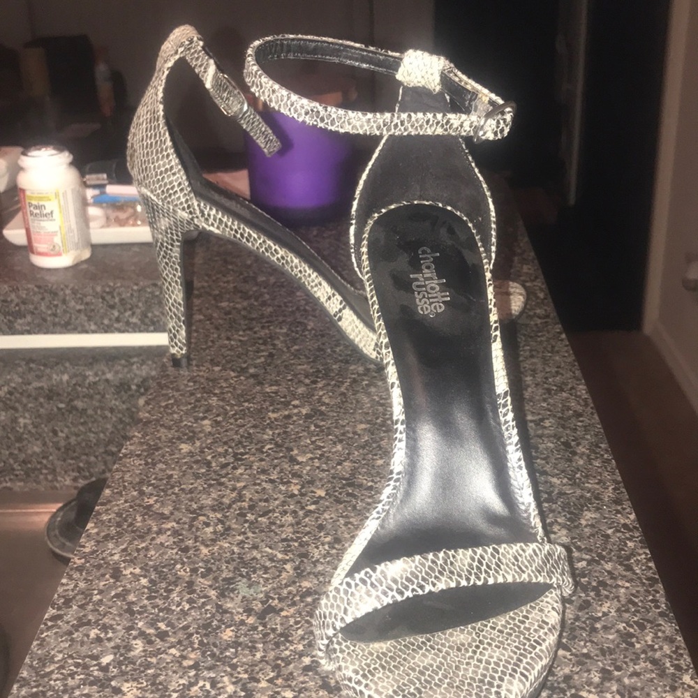 Faux snakeskin single strap heels